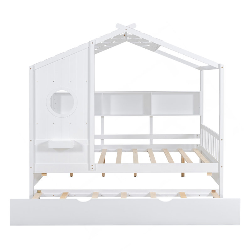 Lit double en bois avec lit gigogne en bois, conception moderne pour enfants avec tablette de rangement, blanc, Lit double