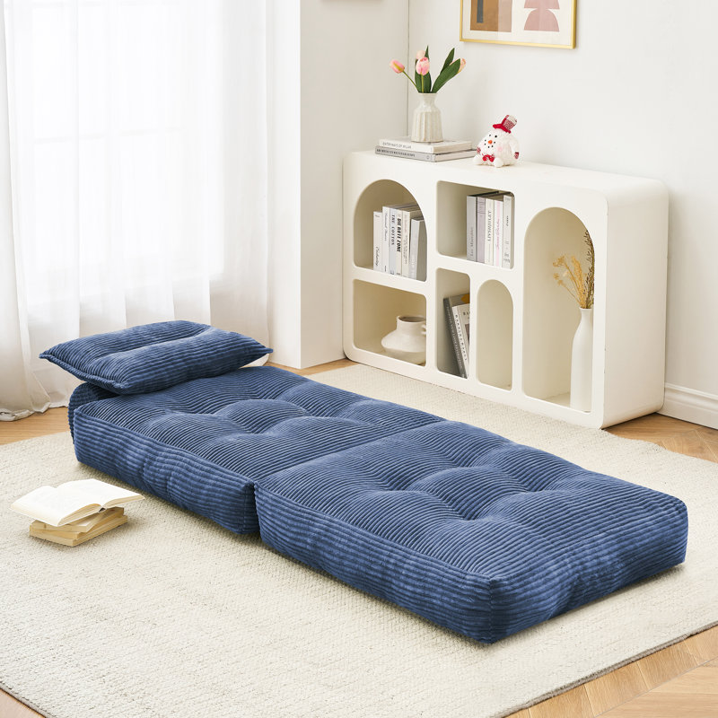 Modern Corduroy 3-in-1 Folding Floor Sofa Bed, Comes with Pillow, Navy Blue