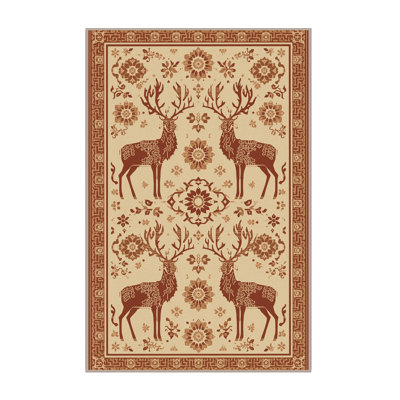 Machine Washable Ozain Reindeer Caribou Classic Oriental Rug in Brown – Beige Binding