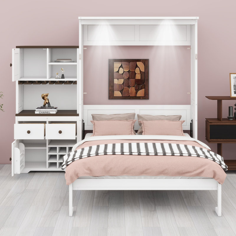 Lit escamotable avec armoire de rangement, support à vin, porte-verre, tiroirs et bande à DEL multicolore, Blanc