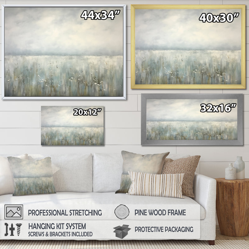 «Meadow Minimalisme Horizon I», impressions sur toile, Cadre flottant doré, H 34 po x l 44 po x P 1,5 po