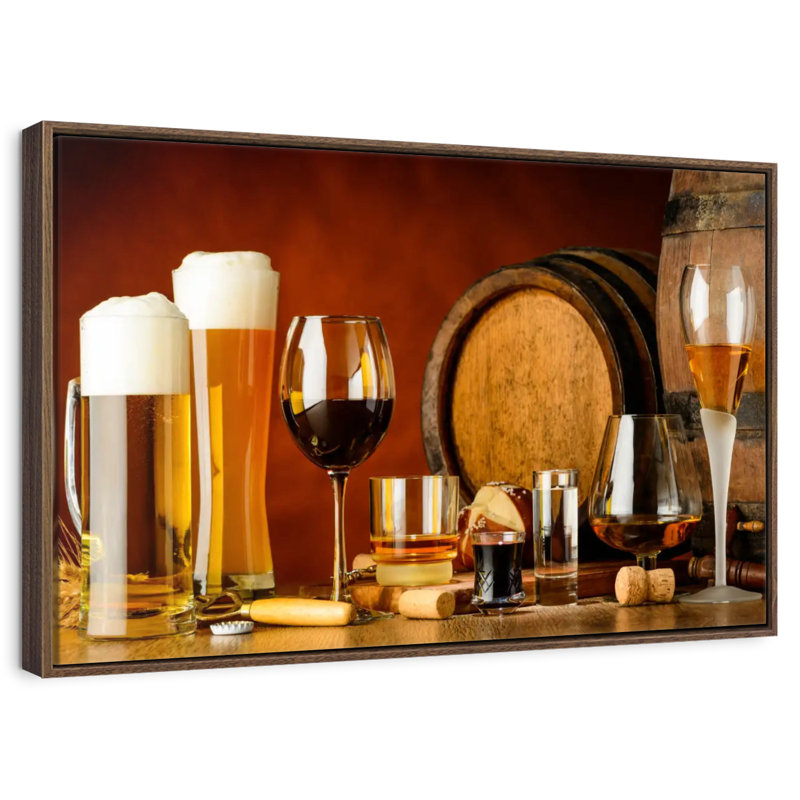 Vin et bière, 37 po x 25 po, Cadre flottant noyer