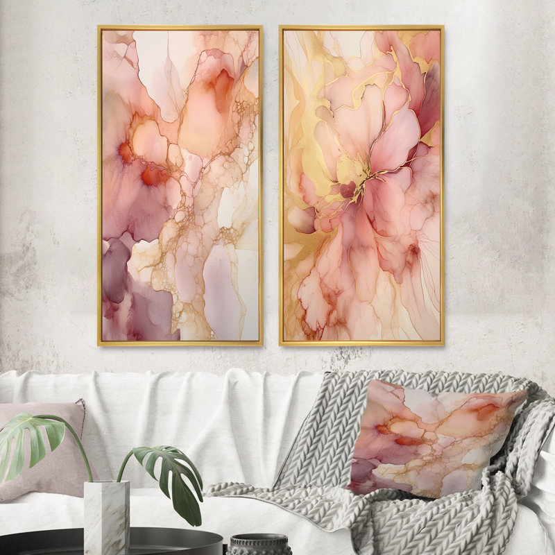 «Pink Luminous Liquids», 2 pièces sur toile, Encadrement doré, H 20 po x l 24 po