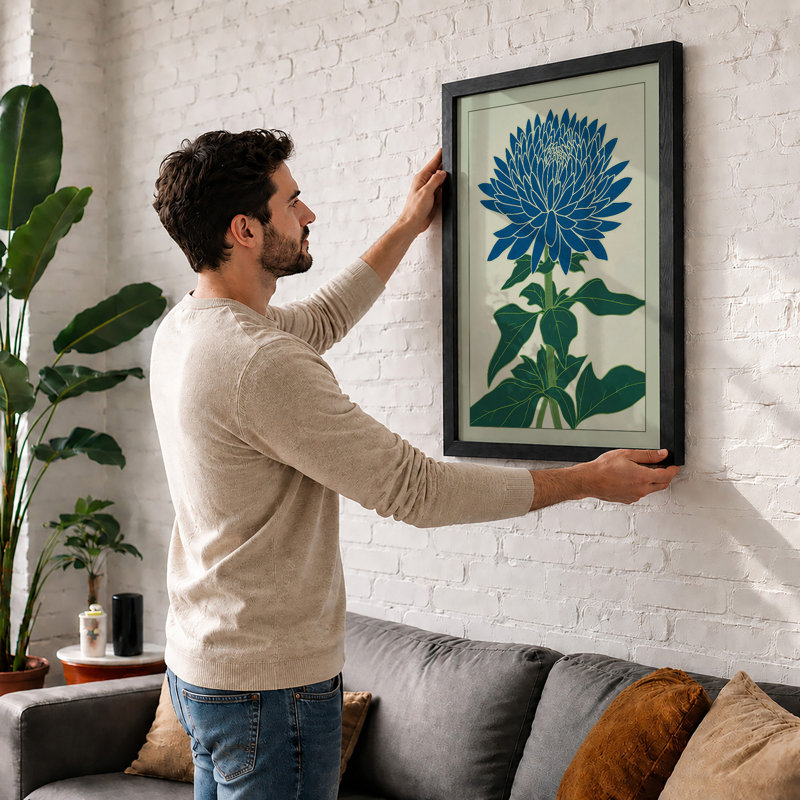 Blue Study Botanical - Framed Print, A2 - 59.4 x 42.0 cm, Walnut