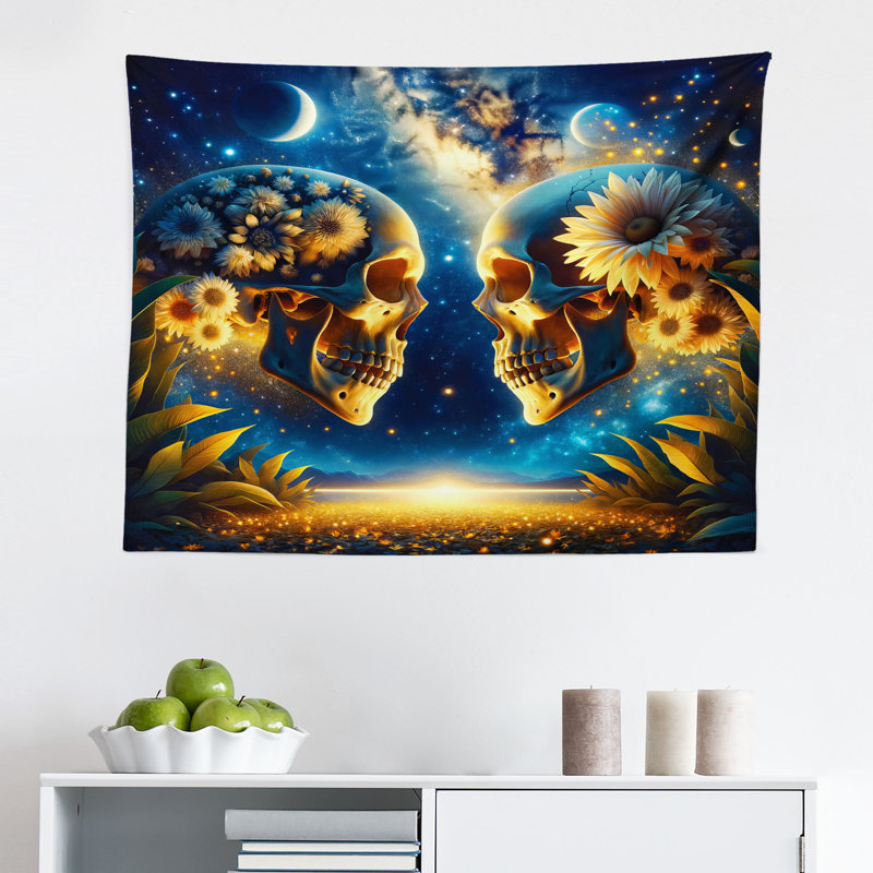 Highland Dunes Trippy Wall Hanging Tapestry Goth Romance Lovers Space Sea Blue Dark Yellow, H 30 po x l 45 po