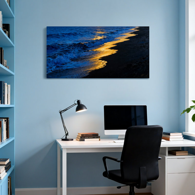 Nautical & Beach Ocean Waves Reflecting Golden Sunset Light, 28" H x 58" W