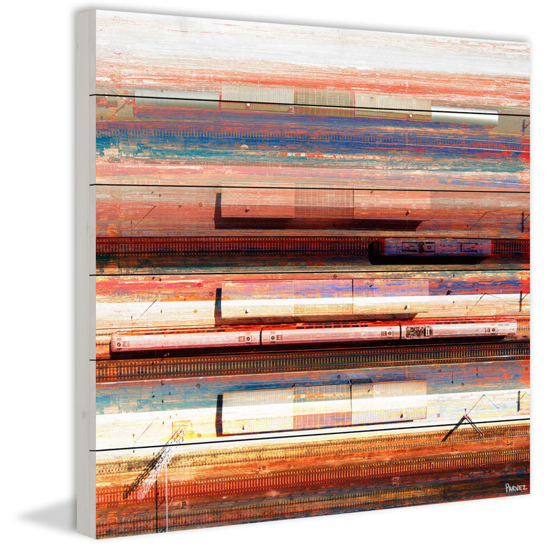 « trains on trackings » par parvez taj,, reproduction d’art sur bois blanc, H 40 po x l 40 po x P 1,5 po