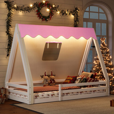 Twin Size House Floor Bed With Tent And Light, Solid Wood Floor Bed With Full-Length Guardrails