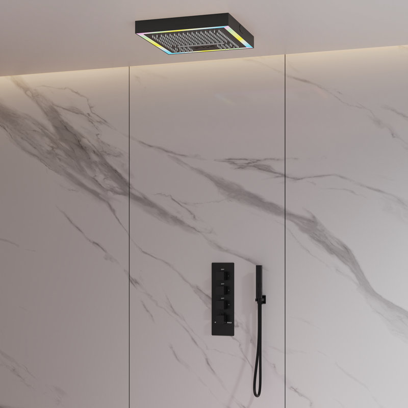 Ceiling Mounted Thermostatic Shower Faucet System, LED Music Rainfall Shower Head  with Handheld Spray, Matte Black