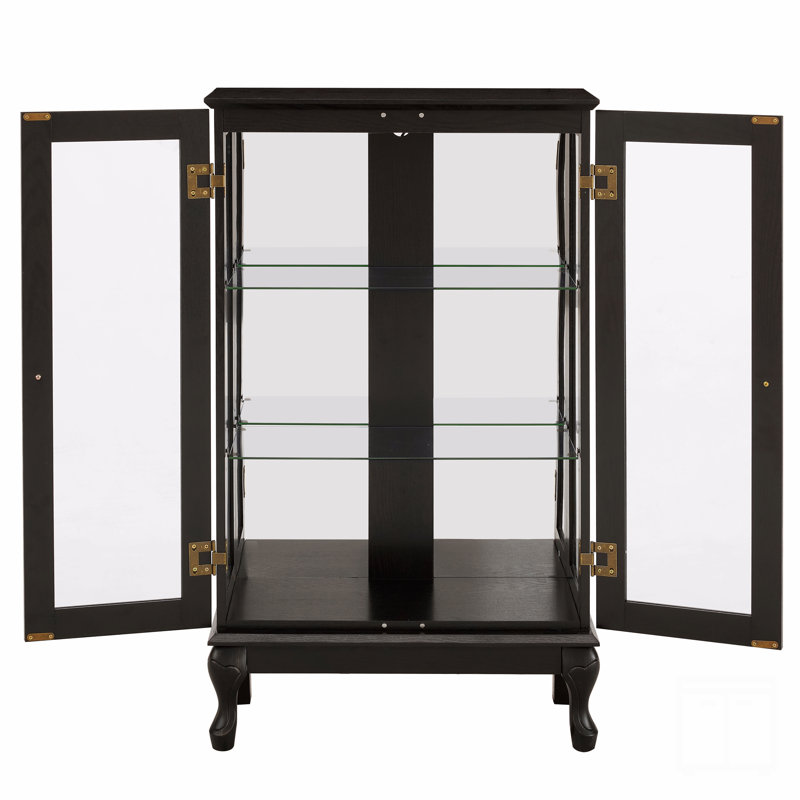 Armoire avec portes en verre trempé, vitrine lumineuse avec panneau arrière en miroir et tablettes réglables
