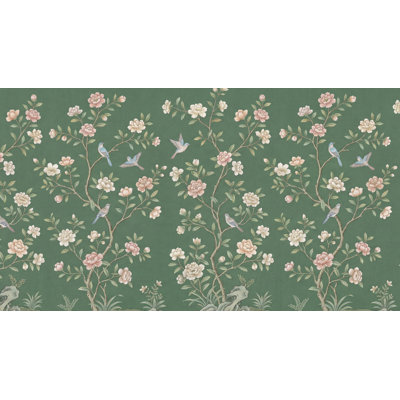 Papier peint floral avec oiseaux vert