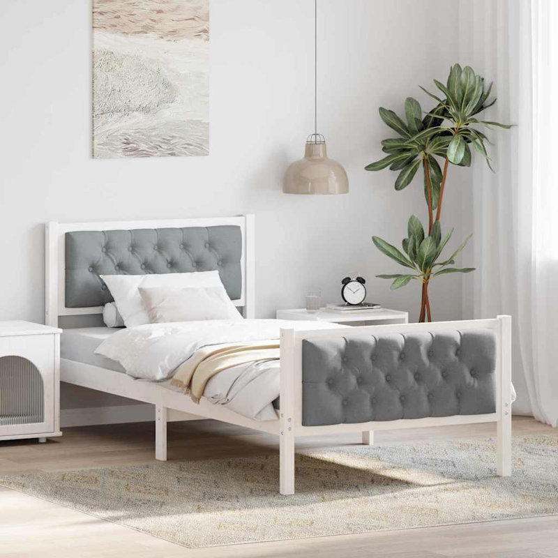 Solid Wood Fabric Bed Frame, European Single (90 x 200 cm), White/Light Grey