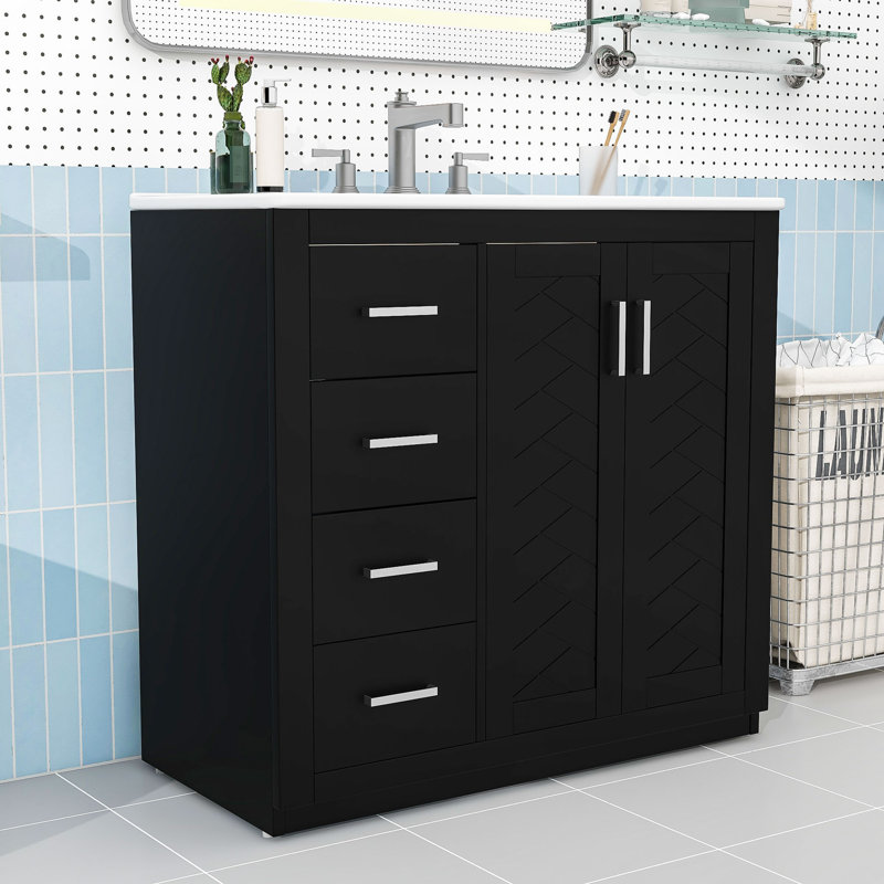 Meuble-lavabo de salle de bain avec cadre en bois et lavabo, beaucoup de rangement, Noir