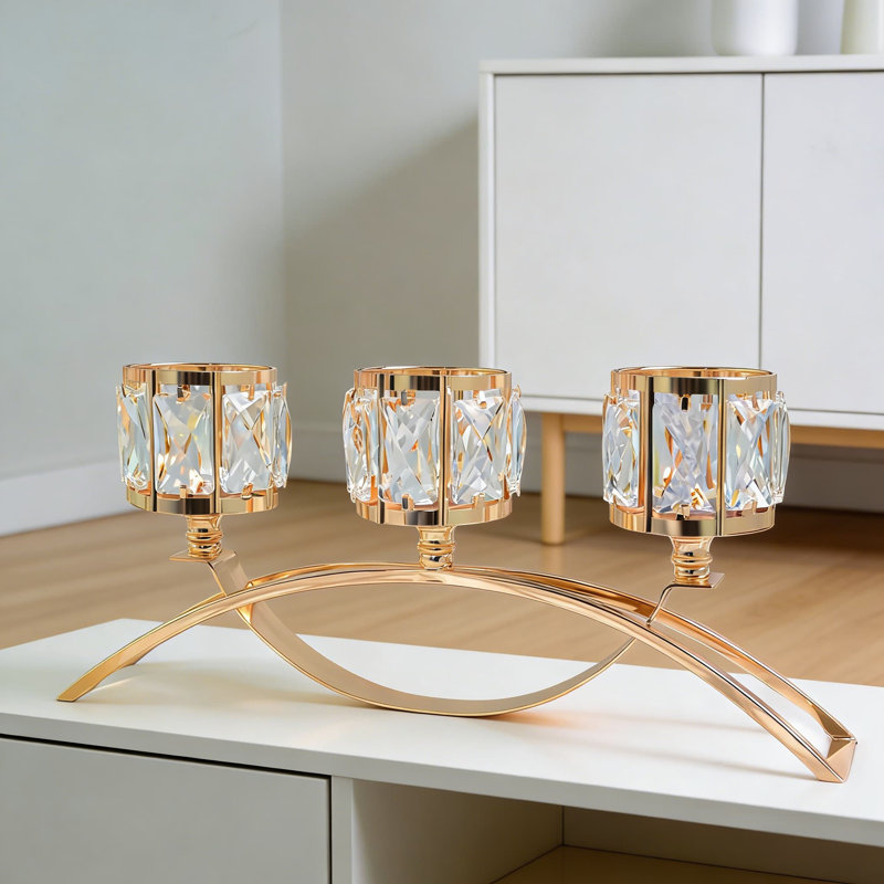 3-Arm Crystal Tealight Candelabra With Bowl Holders, Elegant Centerpiece For Wedding, Party, And Home Table Decor, Gold-Toned Metal Base