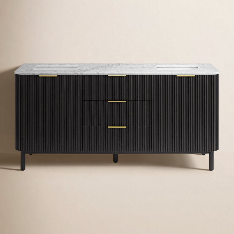 Nova 72" Marble Top Double Sink Vanity, Black Reeded Birch