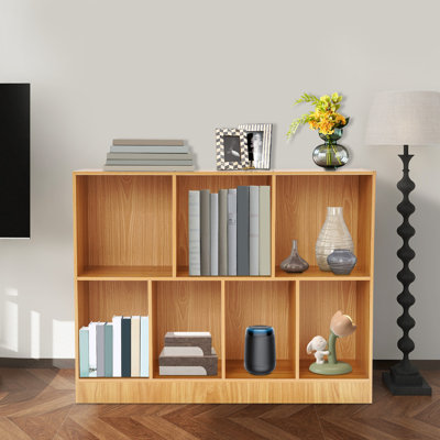 Bibliothèque moderne autoportante rectangulaire en bois 2 niveaux avec 7 compartiments