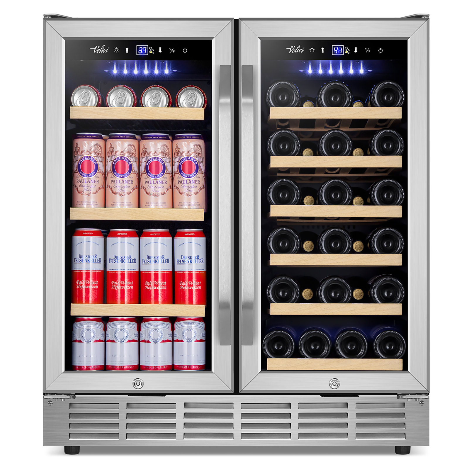 30 Inch Dual Zone Wine and Beverage Refrigerator with LED Lighting, Adjustable Shelves, and Safety Door Locks - Holds 29 Bottles & 110 Cans, Freestand | Fridge.com