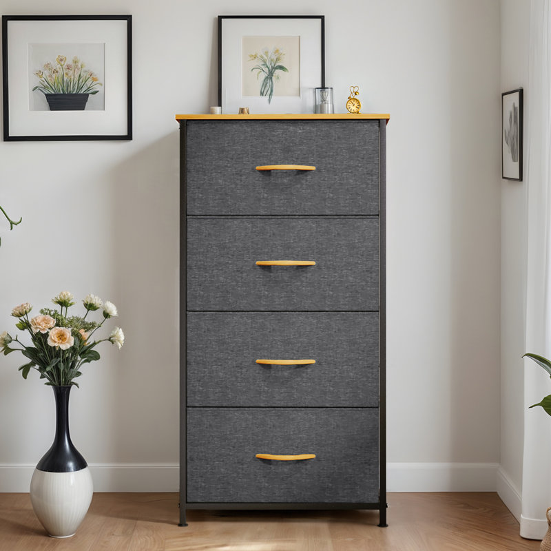  Commode 4 tiroirs en tissu avec plateau en bois et structure en métal pour le rangement des placards