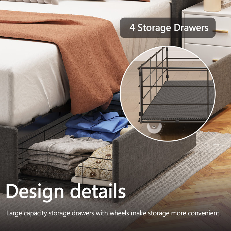 41.3'' Wings Headboard Bed Frame with 4 Under-bed Portable Storage Drawers and LED Light, Dark Gray, Queen