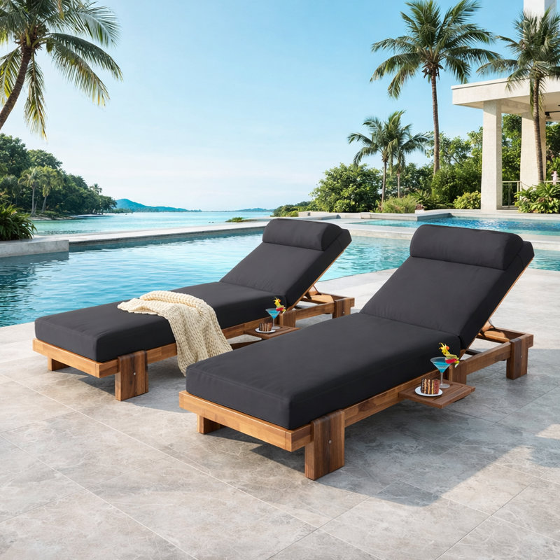 Outdoor Chaise Lounge Set Of 2, 3-Position Adjustable Backrest, Solid Wood, Clean Linear Frame, Contemporary, Patio