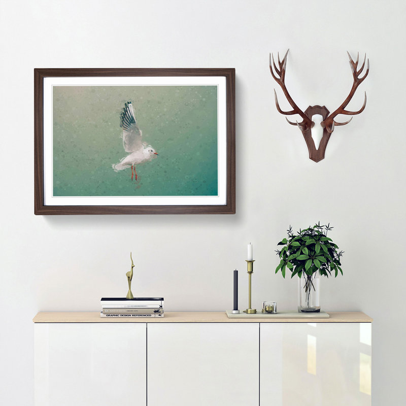 Seagull in Abstract - Picture Frame Graphic Art Print, 40cm H x 60cm W x 2cm D, Walnut