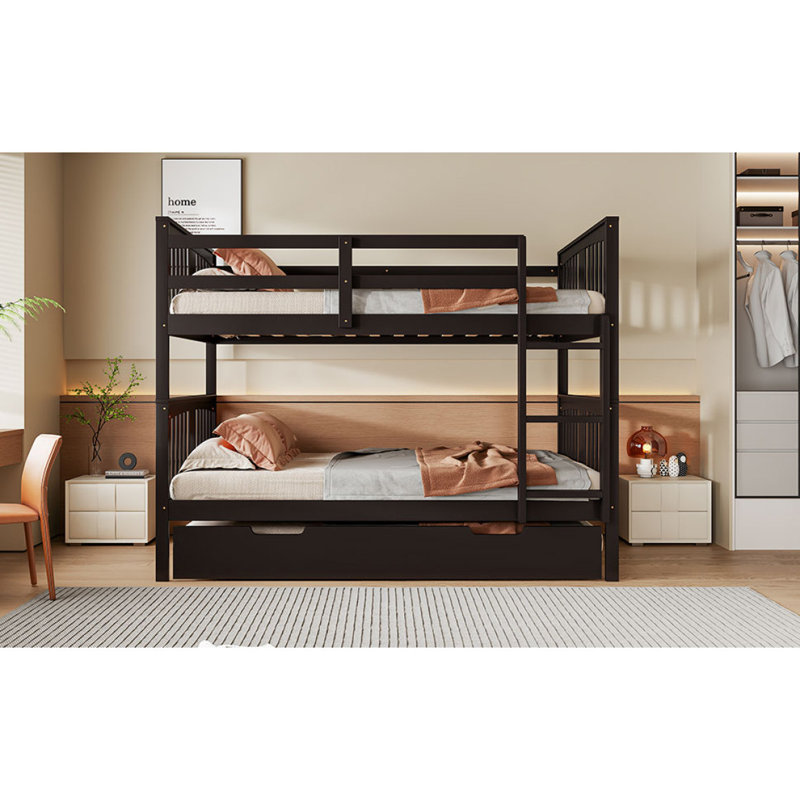 Lit double superposé double avec tiroirs et échelle - L 79,6 po x l 56,5 po x H 62,9 po, aucun sommier nécessaire, durable!