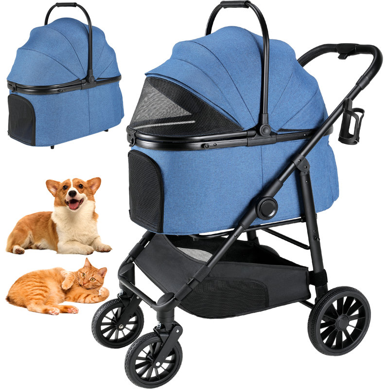 Pirecart 4-wheel Stable Pet Stroller For Medium Dogs/ Cats (55lbs Max) -3-in-1 Convertible Design With Removable Carrier & One-click Folding Mechanism