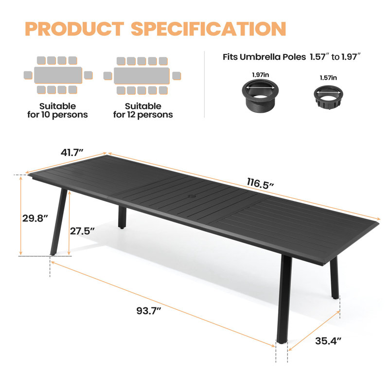 Rajni Rectangular Aluminum Outdoor Dining Table with Umbrella Hole, 116.5'' in. W X 41.7'' in. D, 29.7" H x 118" W x 41.7" D