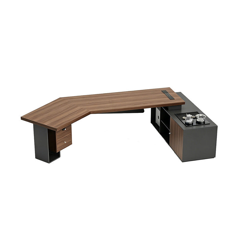 Bureau de direction 86,61 "haut de gamme de luxe brun et noir avec table à thé, H 29,53 po x l 86,61 po x P 31,5 po