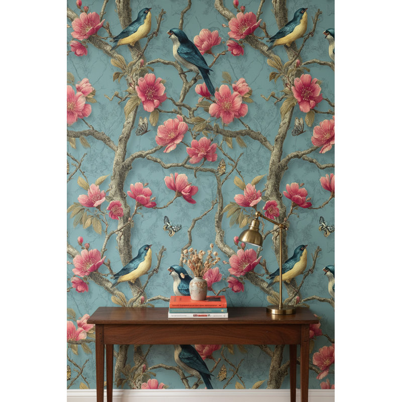 Papier peint floral rétro avec oiseaux