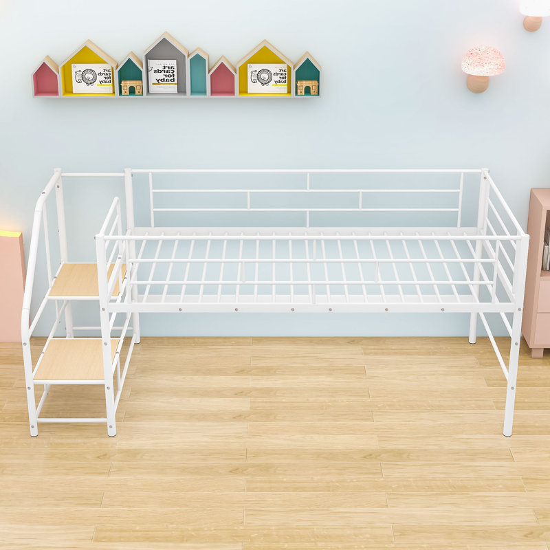 Twin Metal Loft Bed With Staircase, White