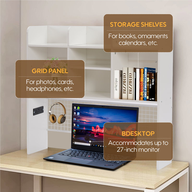Furnier Desktop Bookshelf With 7-compartment Organizer & Grid Panel, White