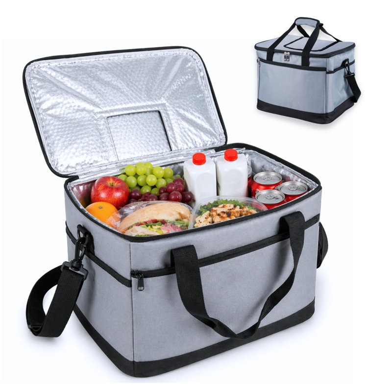 30L Grey Insulated Cooler Bag, Foldable Leakproof Cool Box with Adjustable Shoulder Strap, Quick Access Top Large Thermal Lunch Bag for Picnic, Camping & Travel