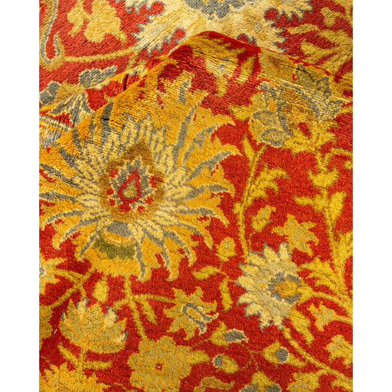 Tapis rouge / jaune en laine noué à la main de conception unique 6 pi 2 po x 8 pi 5 po Ulberto Mogul