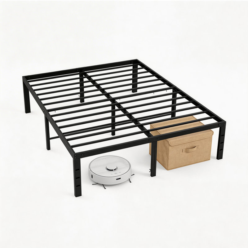 Lutherville 18'' Black Metal Platform Bed Frame With Steel Slat Support, No Box Spring Needed, Queen, 18"