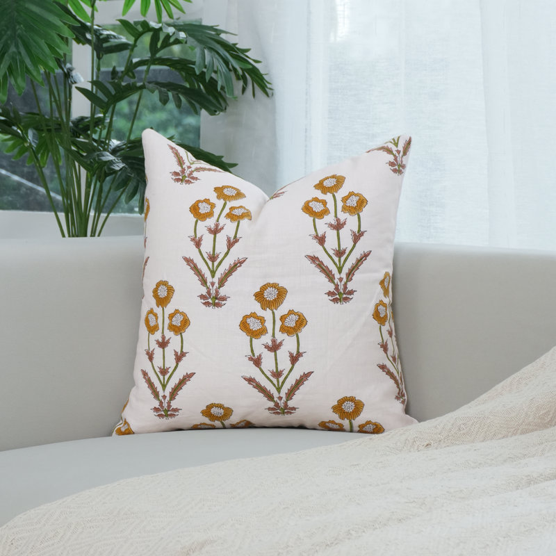 Housse de coussin en lin blanc pur imprimé à la main - Housse de coussin décoratif pour canapé et lit - Amitabh, 16x16