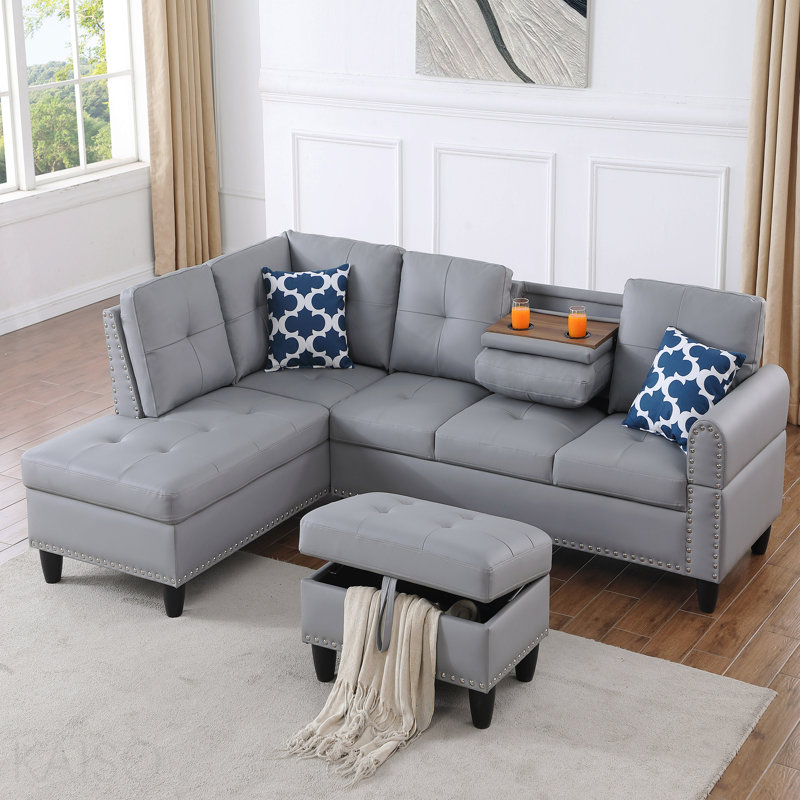 Canapé modulaire en similicuir avec repose-pieds, Similicuir gris