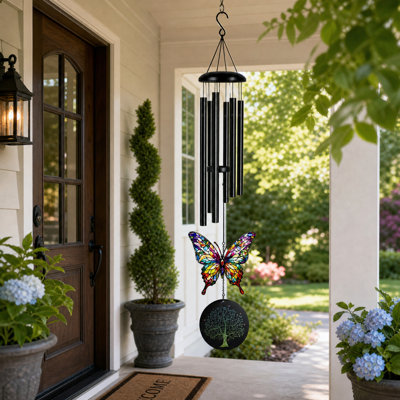 Carillon commémoratif commémoratif pour l'extérieur, cadeau de sympathie papillon teinté et arbre de vie, ton en aluminium apaisant profond résistant aux intempéries, cadeau de condoléances pour la perte du décor de porche de jardin