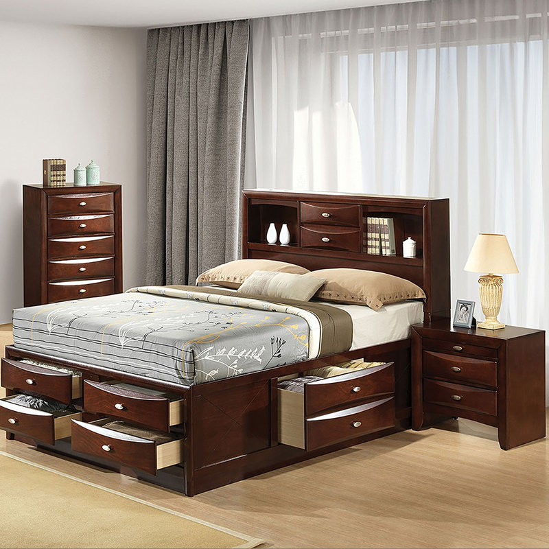 Mobilier de chambre à coucher contemporain avec lit de très grande taille et lit de chevet 3 pièces, Cerisier, Roi
