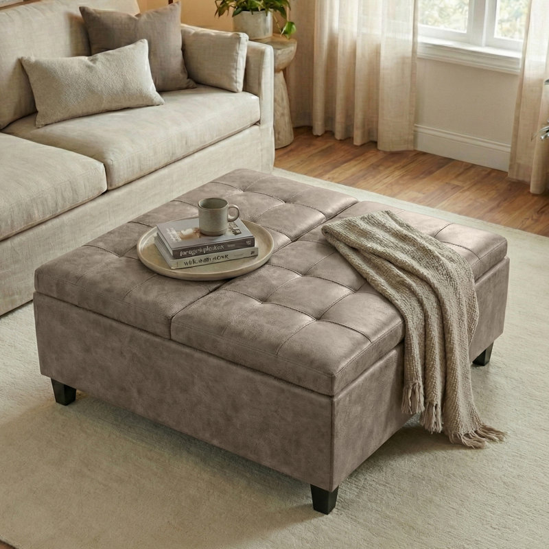 Harrison 36"W Upholstered Linen Look Fabric Transitional Square Lift-Top Ottoman With Hidden Storage