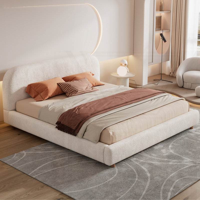Boucle Fabric Upholstered Platform Bed With Curve-Shaped Design Headboard, King