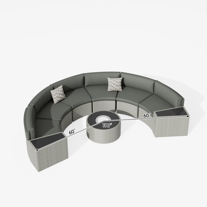 Ensemble de conversation courbé demi-lune pour 6 personnes avec table basse et table d'appoint Meredithe, Gris
