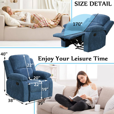 Canapé inclinable manuel moderne de 39 po, canapé en tissu de microfibre moelleux bleu pour le salon