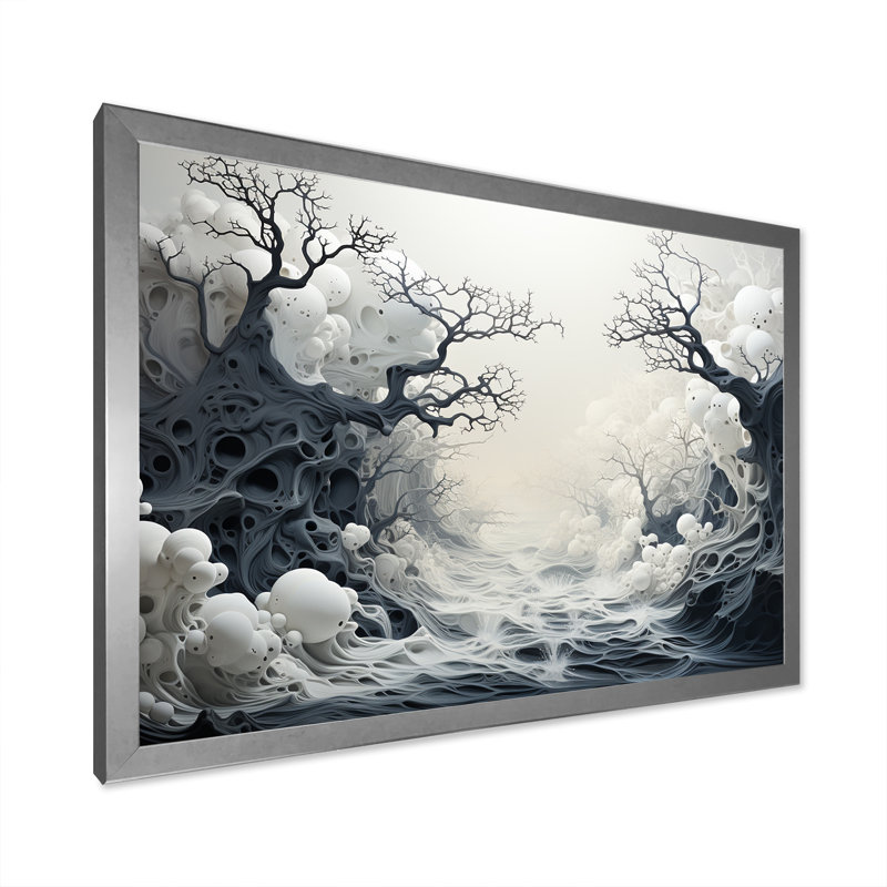 Scènes de tempête marine monochrome - reproduction sur toile, H 12 po x l 20 po x P 1 po, Cadre de coin argenté fermé