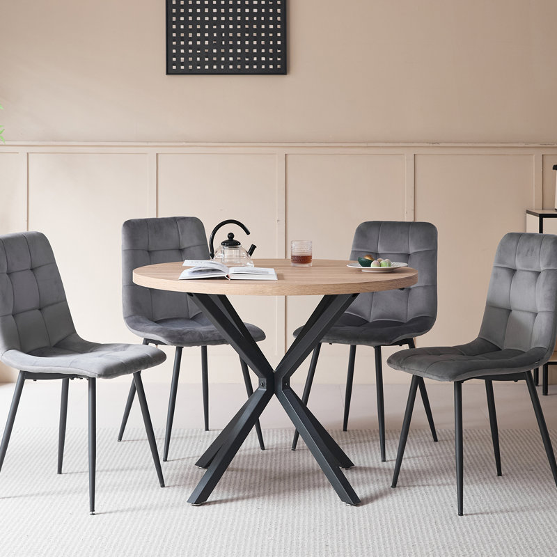 4 - Person Dining Set - Nordic Round Dining Table Set With 4 Upholstered Chairs - Metal Legs, Grey Velvet
