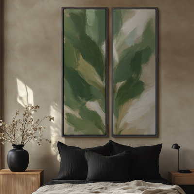 Abstrait botanique vert pour entrée - ensemble de 2 reproductions d'art murales encadrées sur toile 60 po x 20 po x 2 pièces, 60 po x 30 po x 2 pièces