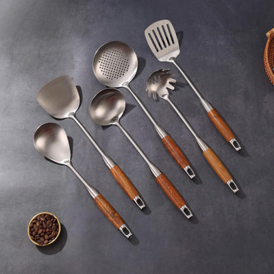 18/10 Stainless Steel Kitchen Utensils Set With Wooden Handle & Countertop Rotating Stand - 7-Piece Metal Cooking Utensils Including Spatula, Ladle, Skimmer, Slotted Turner, Pasta Server