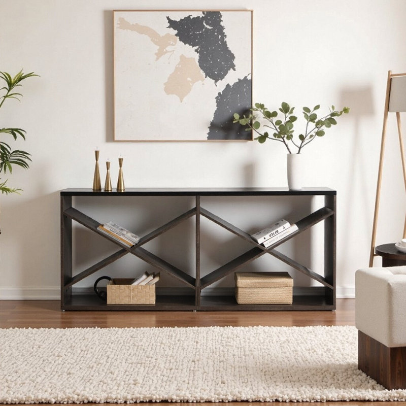 Console de style campagnard 70,87 pouces avec design en forme de X détachable, tablette de rangement extra-longue pour l'entrée, le couloir ou le salon - noir