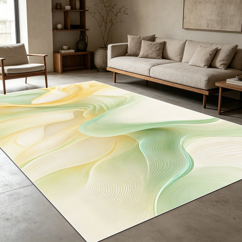 1PC Pastel Yellow Green Wavy Fluid Abstract Art area rugs for Living Room, Soft and Comfortable, Suitable for all seasons, easy-to-maintain, machine washable Indoor floor mat, Under Table Farmhouse suitable for kitchen entryway, bedroom, dining