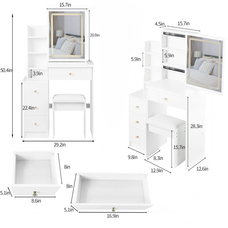 29.2" Small Size Left Bedside Cabinet Vanity Table + Cushioned Stool, Large Sliding, Touch Control, Tri-Color Switching, Brightness Adjust LED Mirror, High Capacity Storage, Suitable For Small Space